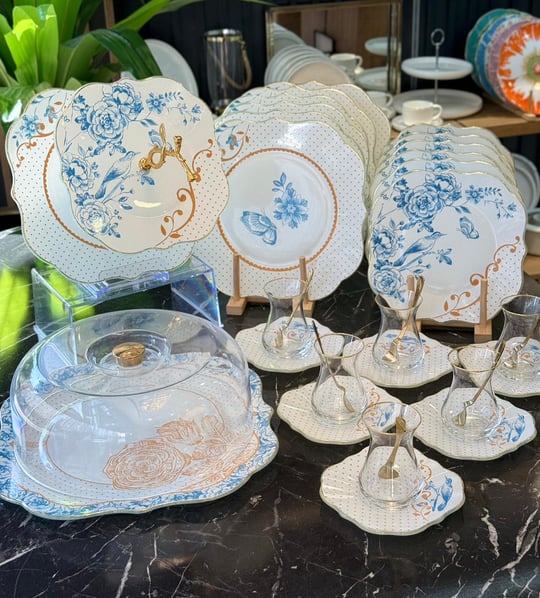 34 Parça Blue Gold Yaldızlı 6 Kişilik Pasta Çay Servis İkram Takımı