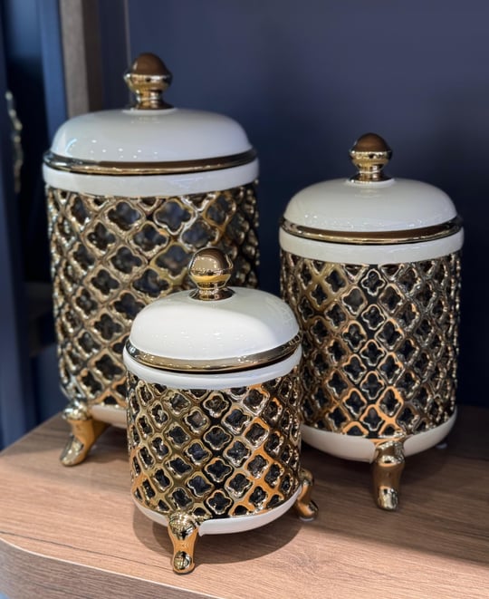 3'lü Lüks Vakum Kapaklı Kavanoz Beyaz Gold  Azra 