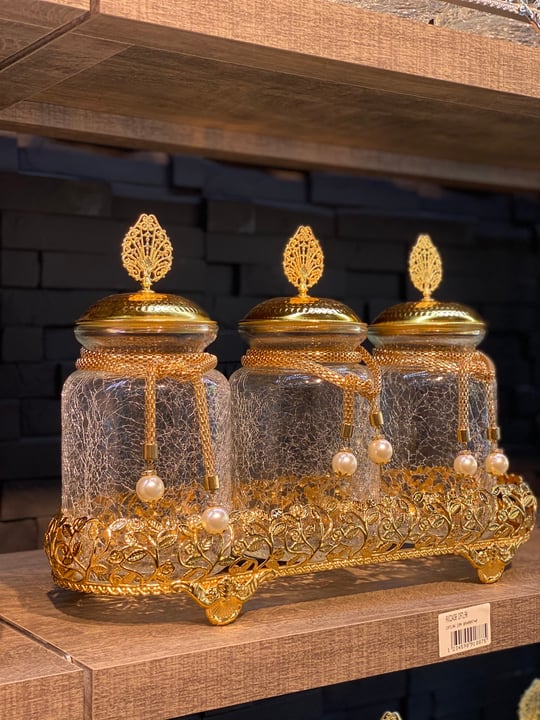3'lü Stantlı Gold Kırık Cam Kavanoz