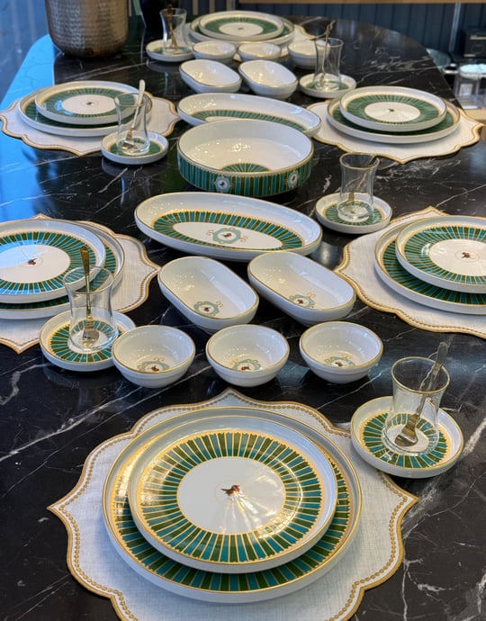 43 Parça Modern Green Bird Kahvaltı Takımı Gold
