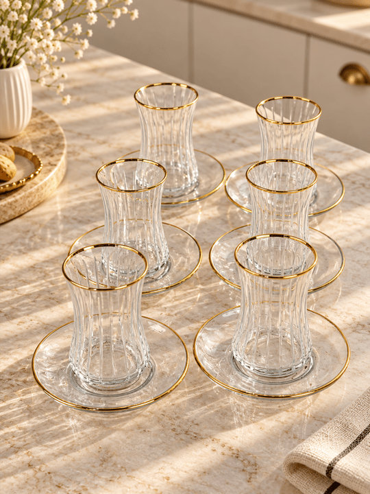 6 Kişilik Alara Gold Detaylı Kesme Çay Bardağı Takımı