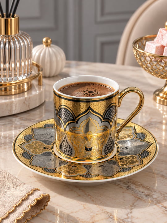 6 Kişilik Porselen 24K Mavera Kahve Fincanı