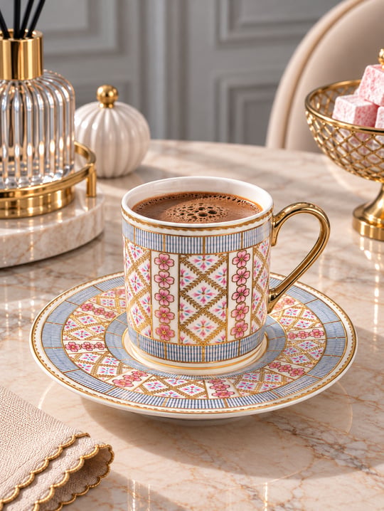 6 Kişilik Porselen 24K Mosaic Kahve Fincanı