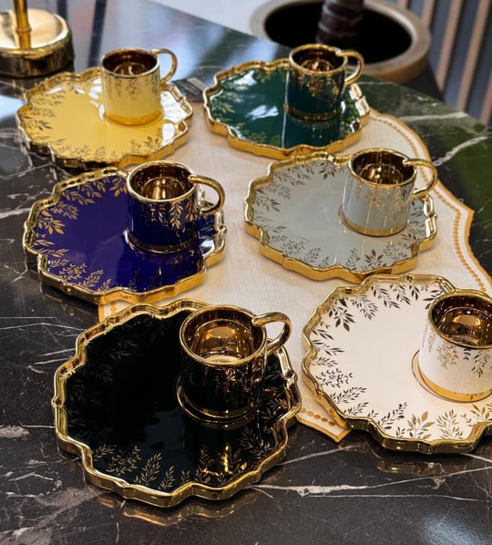 6'lı Porselen Violet Sunum Tabaklı Kahve Fincanı Gold
