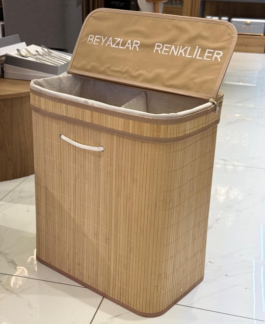 Bambu Çamaşır Kirli Sepeti Çift Bölmeli