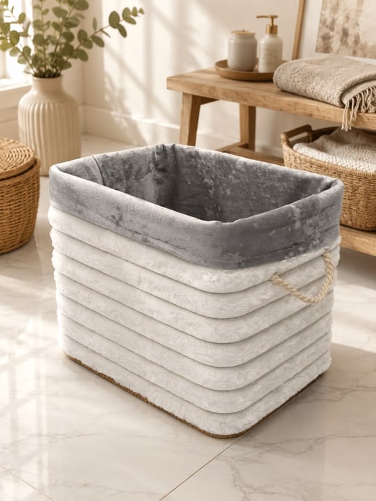 Bambu Peluş Kaplama Çamaşır Sepeti-Beyaz