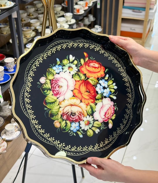 Lüks Akrilik Yuvarlak Tepsi Black Rose 38cm