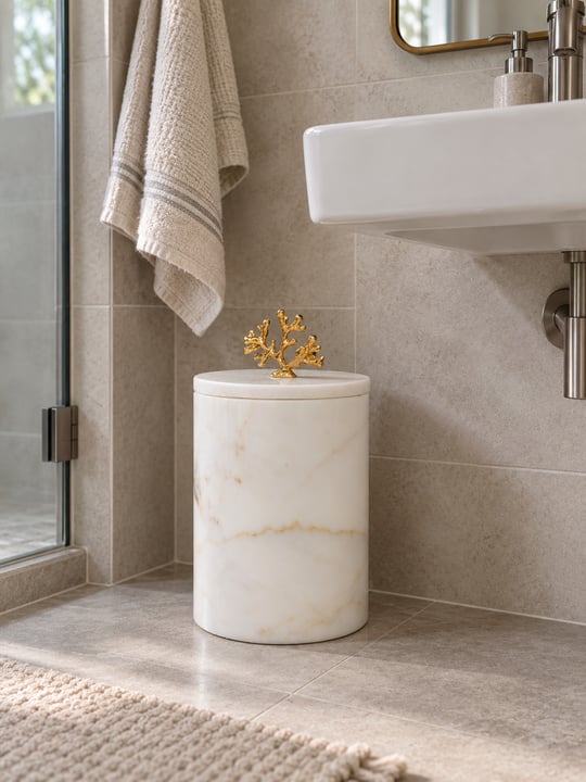 Mercan Dalı Mermer Banyo Çöp Kovası - Gold