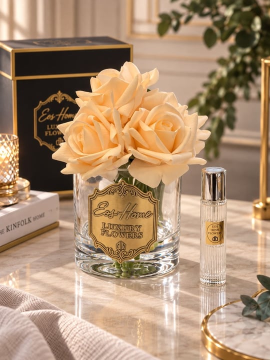 Rosemira Altı Güllü Parfümlü Dekoratif Çiçek – Krem Şeftali