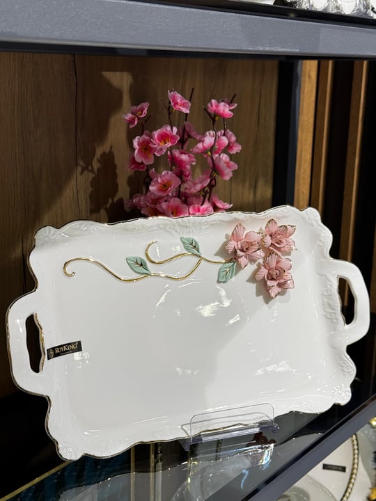 Royking Beyaz Porselen Pink Flower Lüks Sunum Tabağı 