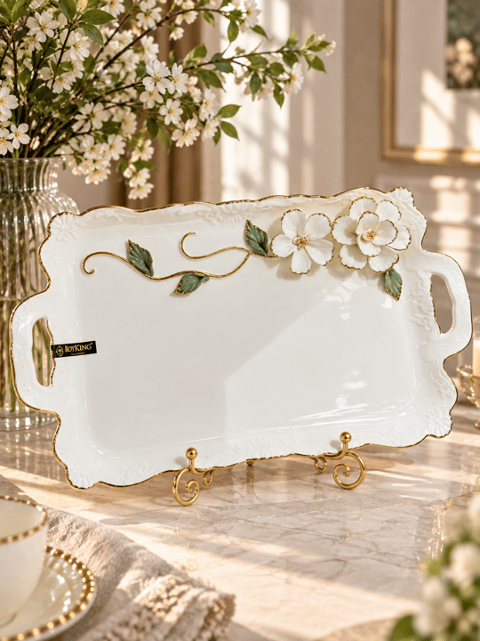 Royking Beyaz Porselen White Flower Lüks Sunum Tabağı 