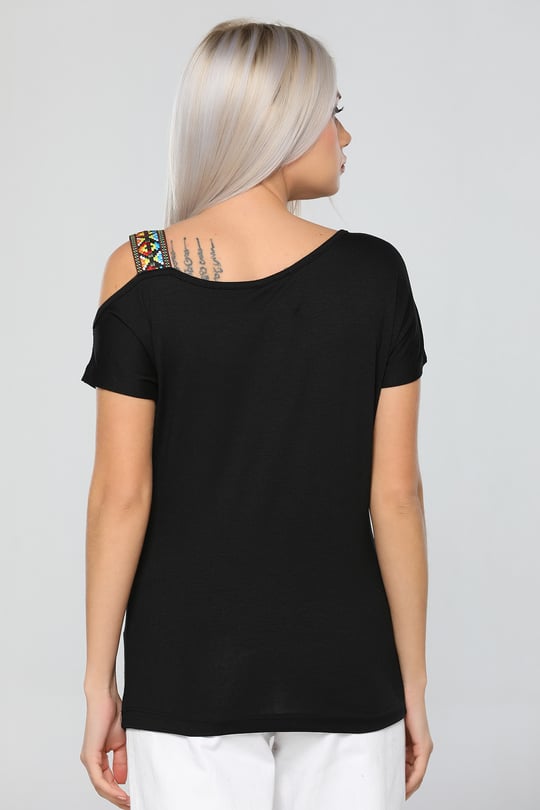 Siyah Tek Omuz Açık Kadın T-shirt 427201- tozlu.com