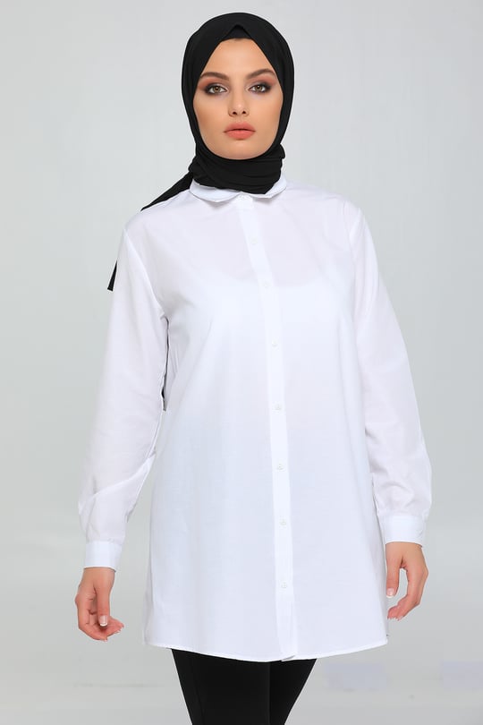 Beyaz Uzun Kollu Kadın Gömlek Tunik