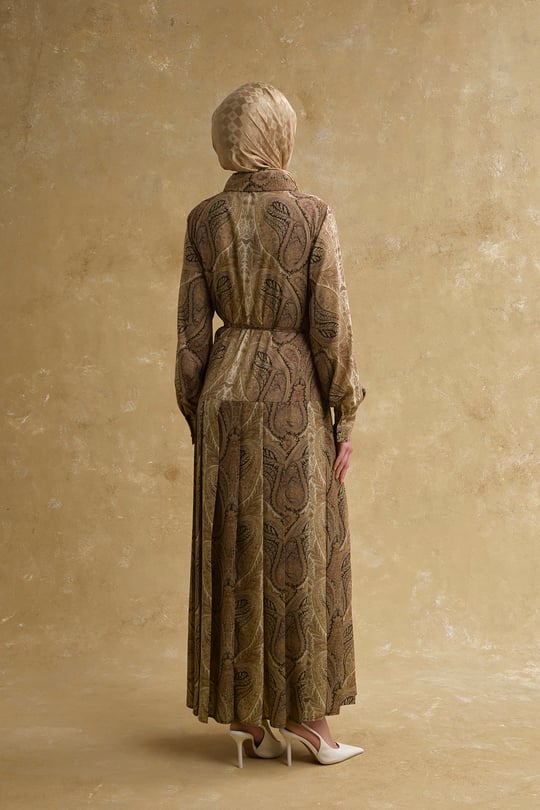 Şal Desenli Elbise Camel