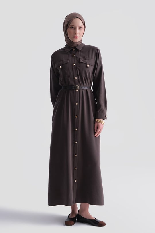 Düğme Detaylı Viskon Elbise Kahverengi