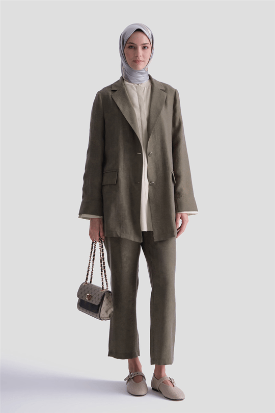 Jakarlı Lyocell Blazer Takım Haki 