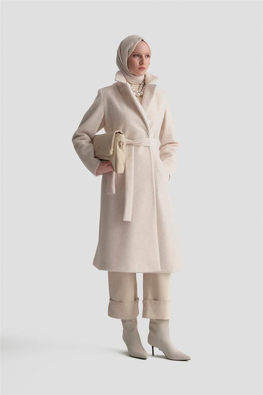 Armine Beli Kuşaklı Kaban 25KD2401 Ekru 