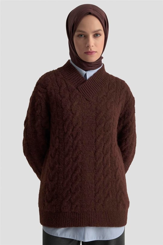 Armine Saç Örgü Desenli Kazak 25KD6002 Kızıl Kahve