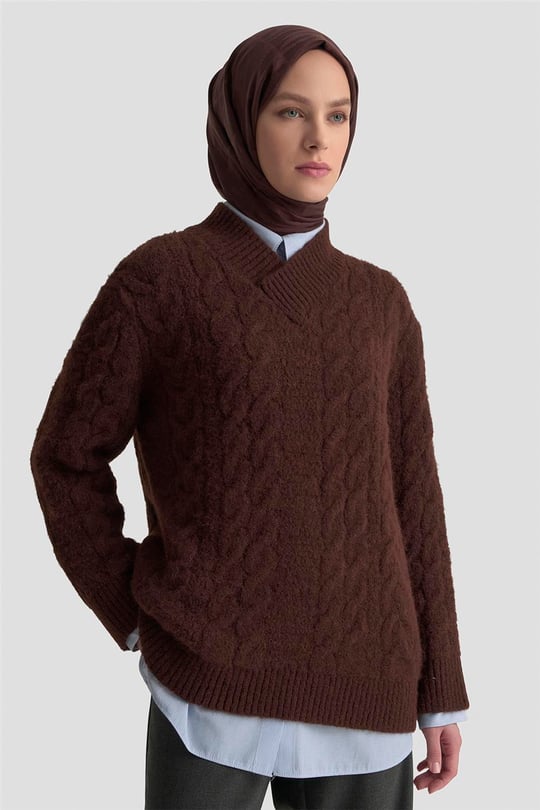 Armine Saç Örgü Desenli Kazak 25KD6002 Kızıl Kahve