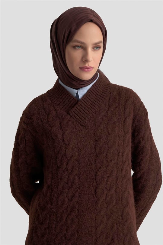 Armine Saç Örgü Desenli Kazak 25KD6002 Kızıl Kahve