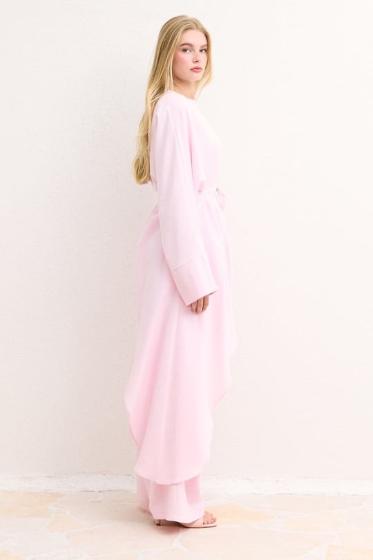 Asimetrik Kuşaklı Pantolon Takım - Pembe