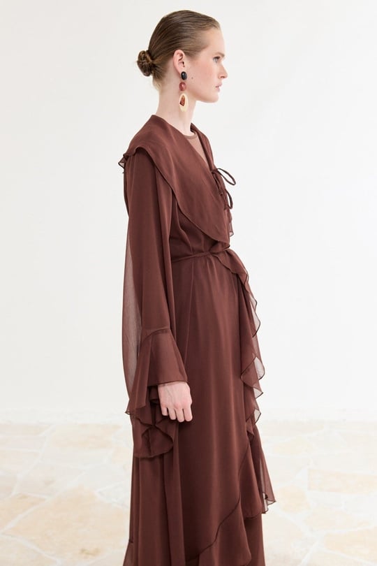 Ön Volanlı Şifon Abaya Takım - Kahve