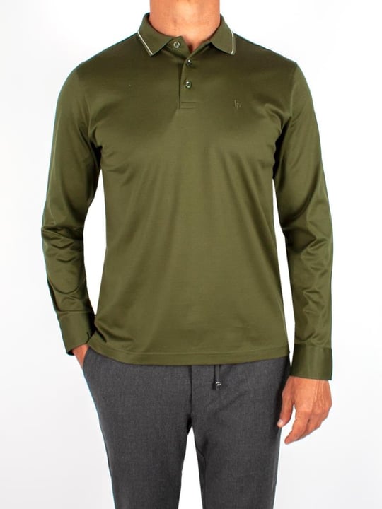 Long Sleeve Collar Detailed Mercerized Cotton Saxe Polo Shirt