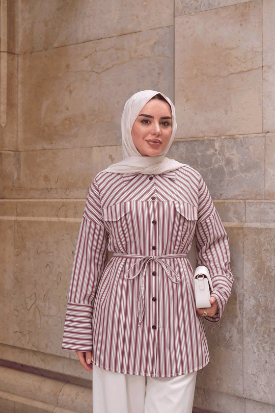 Çizgi Desenli Bel Bağlamalı Gömlek Kiremit