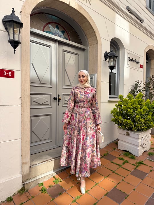 Çiçek Desen Düğmeli Ve Bel Bağlamalı Elbise Pembe