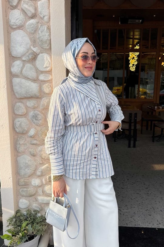 Yan Yaka Detay Bel Kemerli Gömlek Mavi