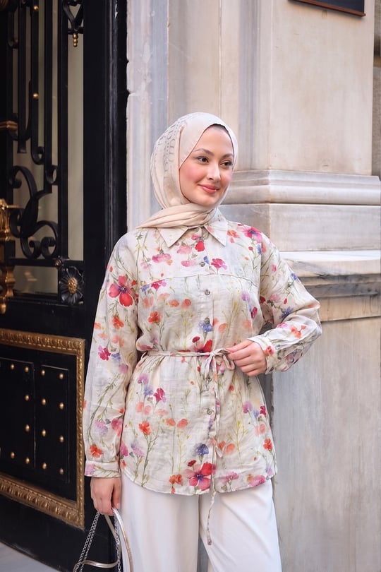 Nergis Desen Bel Bağlamalı Gömlek Su Yeşil