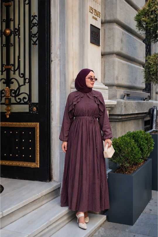 Fırfırlı Tensel Elbise Bordo