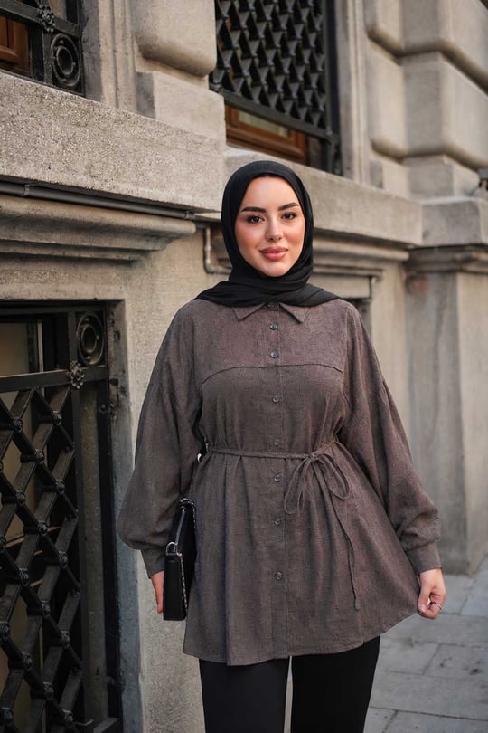Yaprak Desenli Bel Bağlamalı Gömlek Koyu Vizon