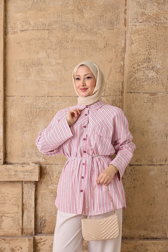 Çizgi Desenli Bel Bağlamalı Gömlek Pembe