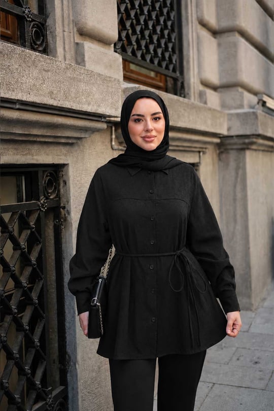 Lotus Çiçek Desen Bel Bağlamalı Gömlek Siyah
