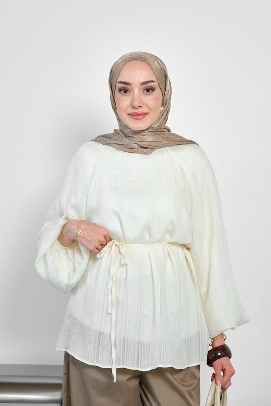 Bel Bağlamalı Bilek Lastik Detaylı Bluz Krem