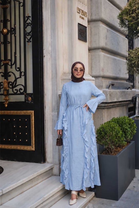 Tül Model Yanları Fırfırlı Elbise Mavi