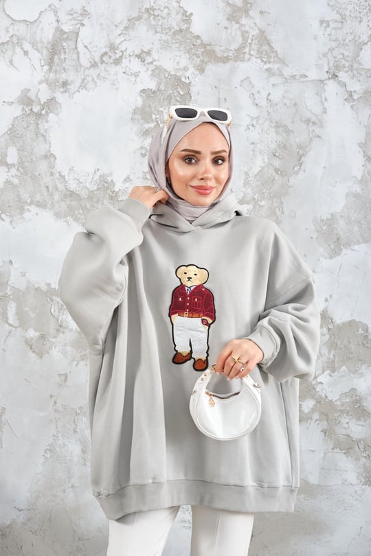 Ayıcık Nakışlı Sweat Su Yeşil