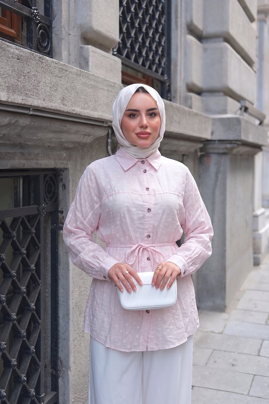 Puantiyeli Bel Bağlamalı Gömlek Pembe