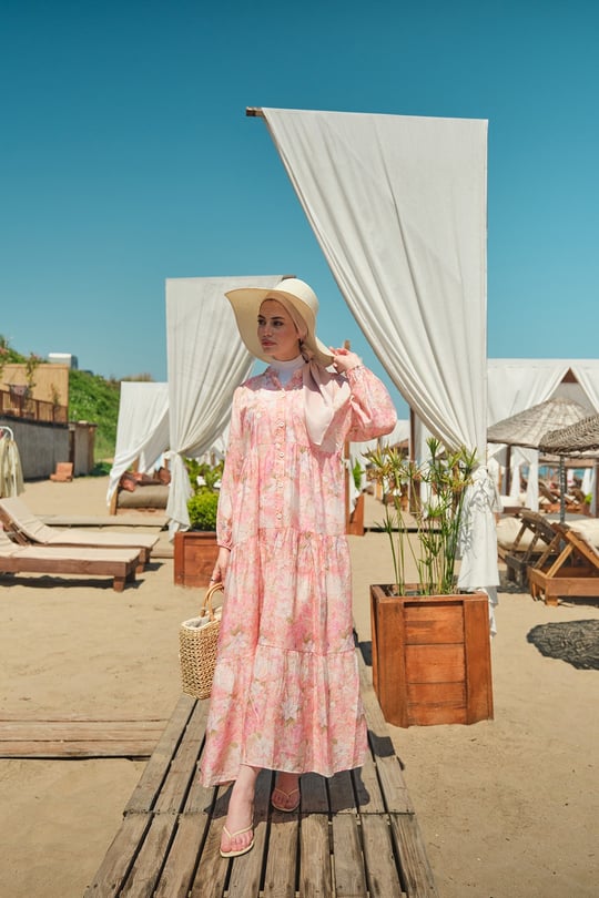 Şakayık Desen Elbise Pembe
