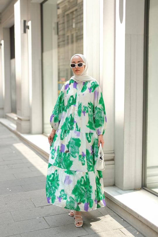 Baskı Desenli Elbise Yeşil