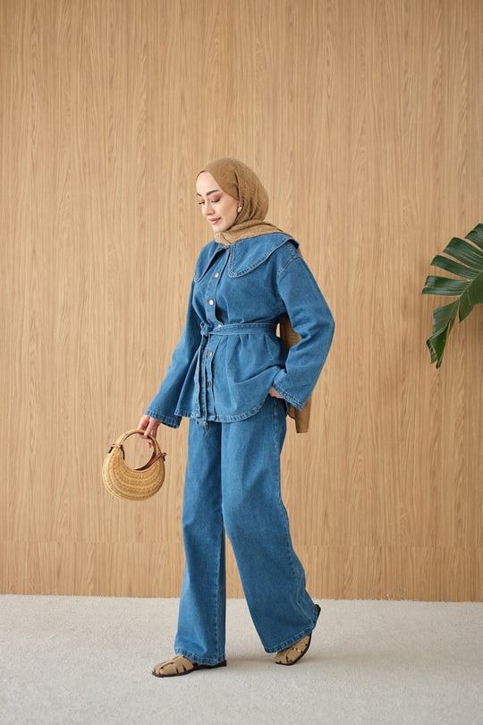 Bebe Yaka Bel Bağlamalı Kot Takım Buz Mavi