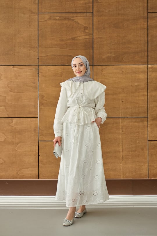 Bebe Yaka Dantel Detay Takım Beyaz