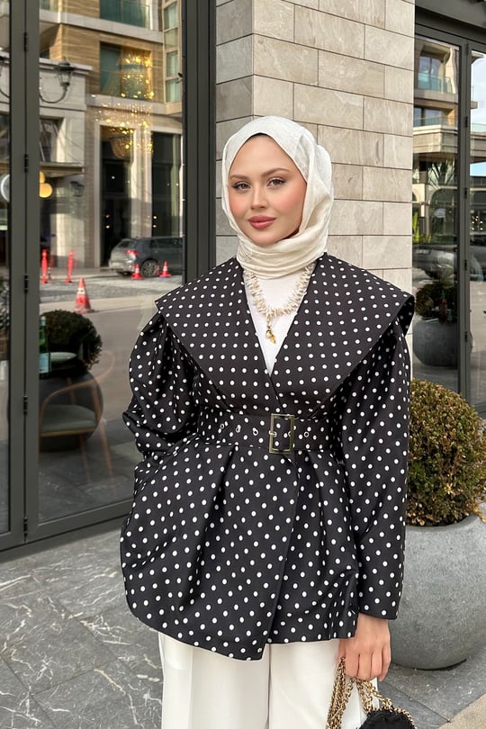 Bebe Yaka Puantiyeli Kemerli Ceket Siyah