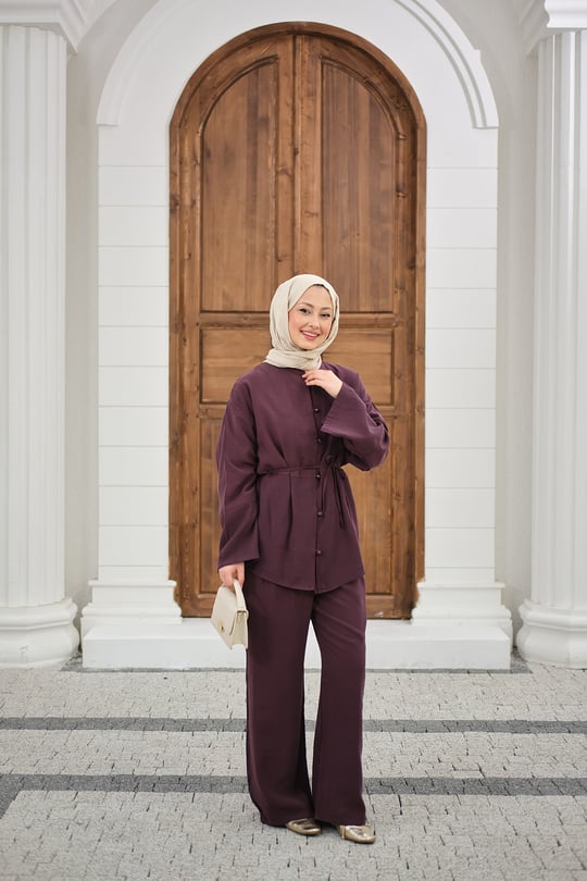 Bel Bağlamalı Top Düğme Detay İkili Takım Mürdüm