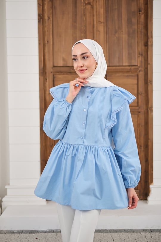 Bel Büzgülü Pile Detay Bisiklet Yaka Gömlek Bebe Mavi