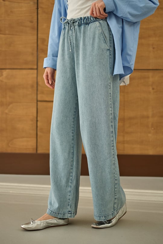 Bel Lastikli Bol Pantolon Buz Mavi