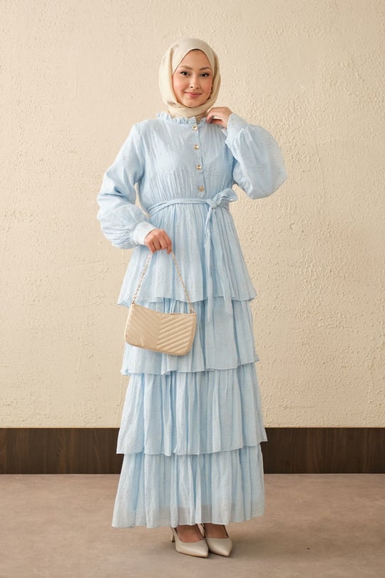 Beli Lastikli Gold Düğme Detaylı Volanlı Elbise Mavi