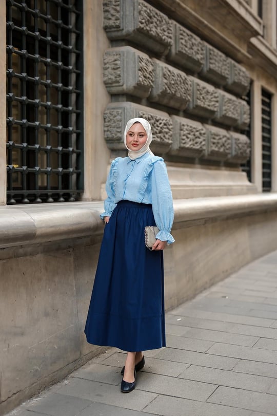 Beli Lastikli Poplin Etek Lacivert