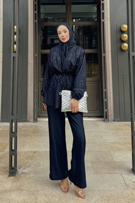 Beli Lastikli Simli Kimono Takım Lacivert